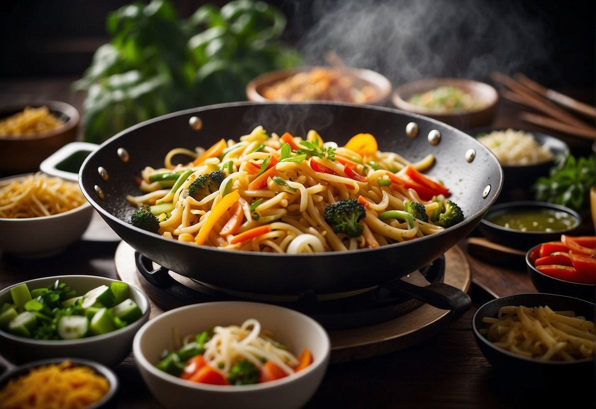 A sizzling wok fries noodles with colorful vegetables and savory sauces, ready to be plated and garnished with fresh herbs