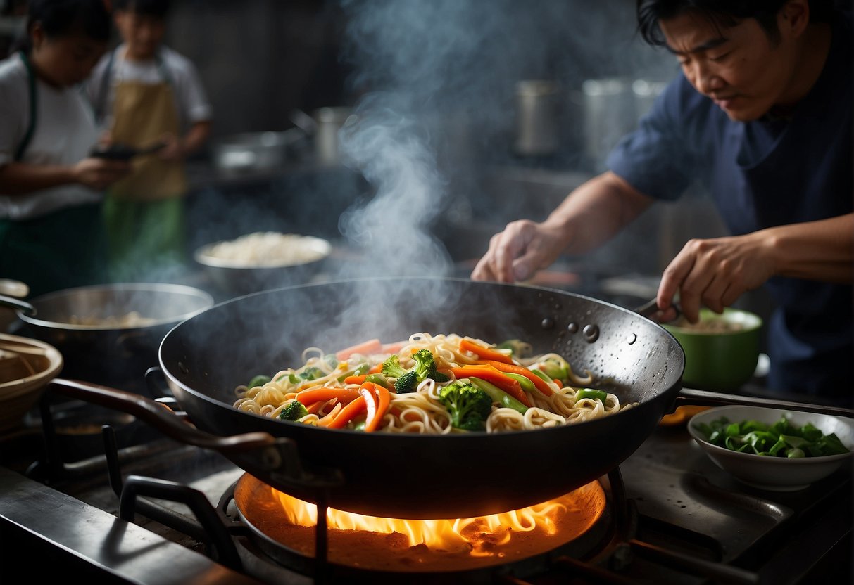 A wok sizzles with oil as noodles are tossed with vegetables and savory sauce, creating a fragrant cloud of steam in a bustling Chinese kitchen