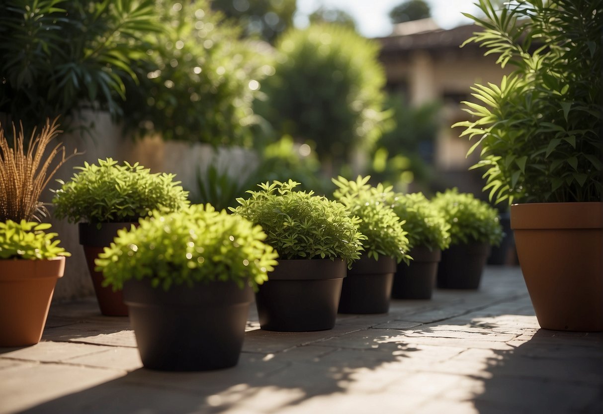 Lush artificial plants scattered across a patio, surrounded by real greenery. Sunlight filters through the leaves, casting dappled shadows on the ground