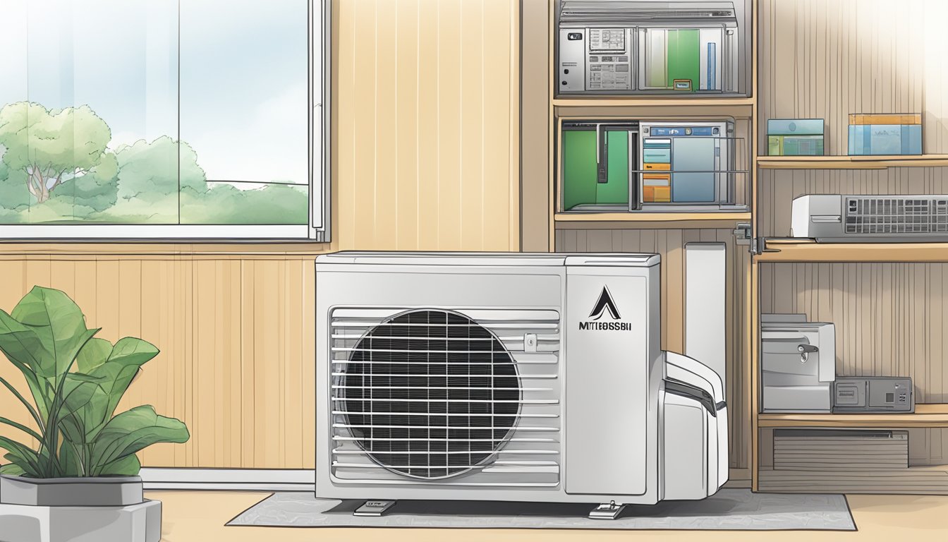 A computer with internet browser open, showing a website with the Mitsubishi air conditioner product page. A "buy now" button is highlighted