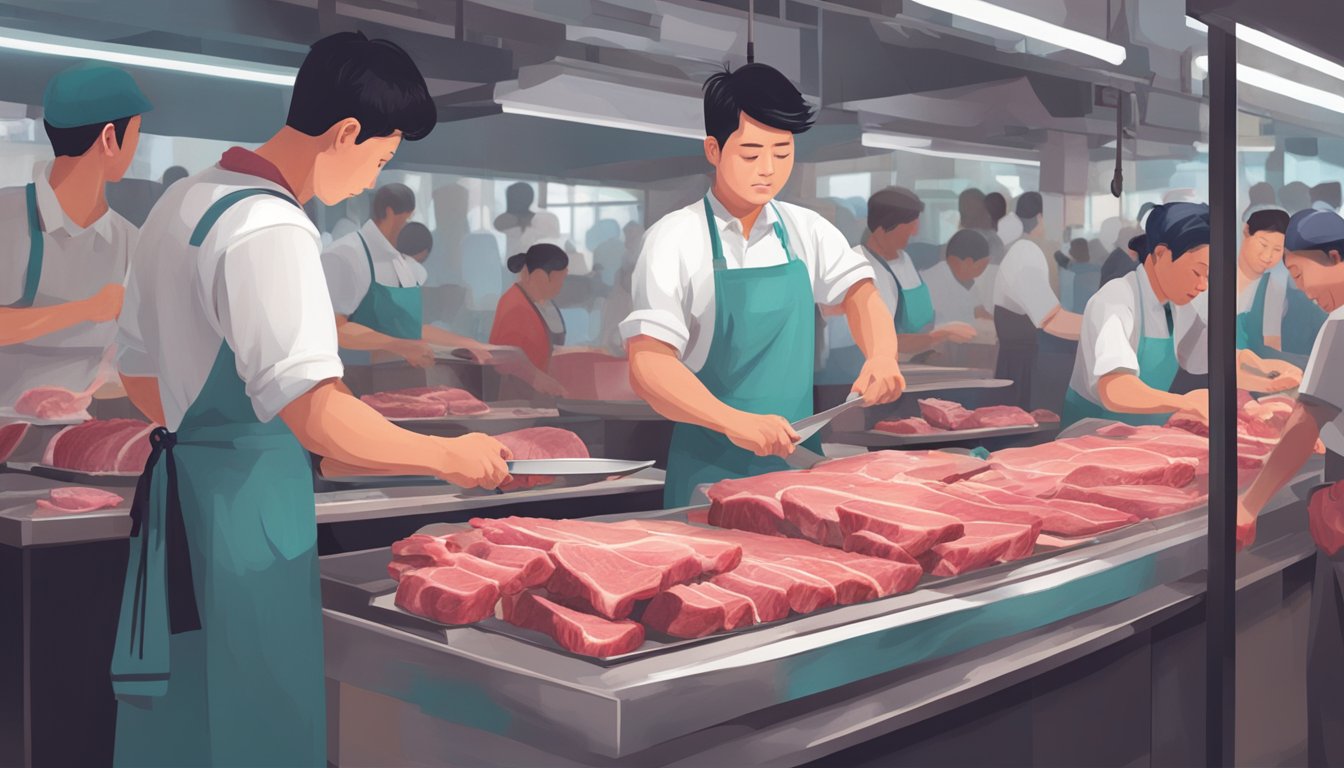 A butcher slicing beef tongue in a bustling Singapore market. Shoppers watch in awe as the tender meat is carefully prepared