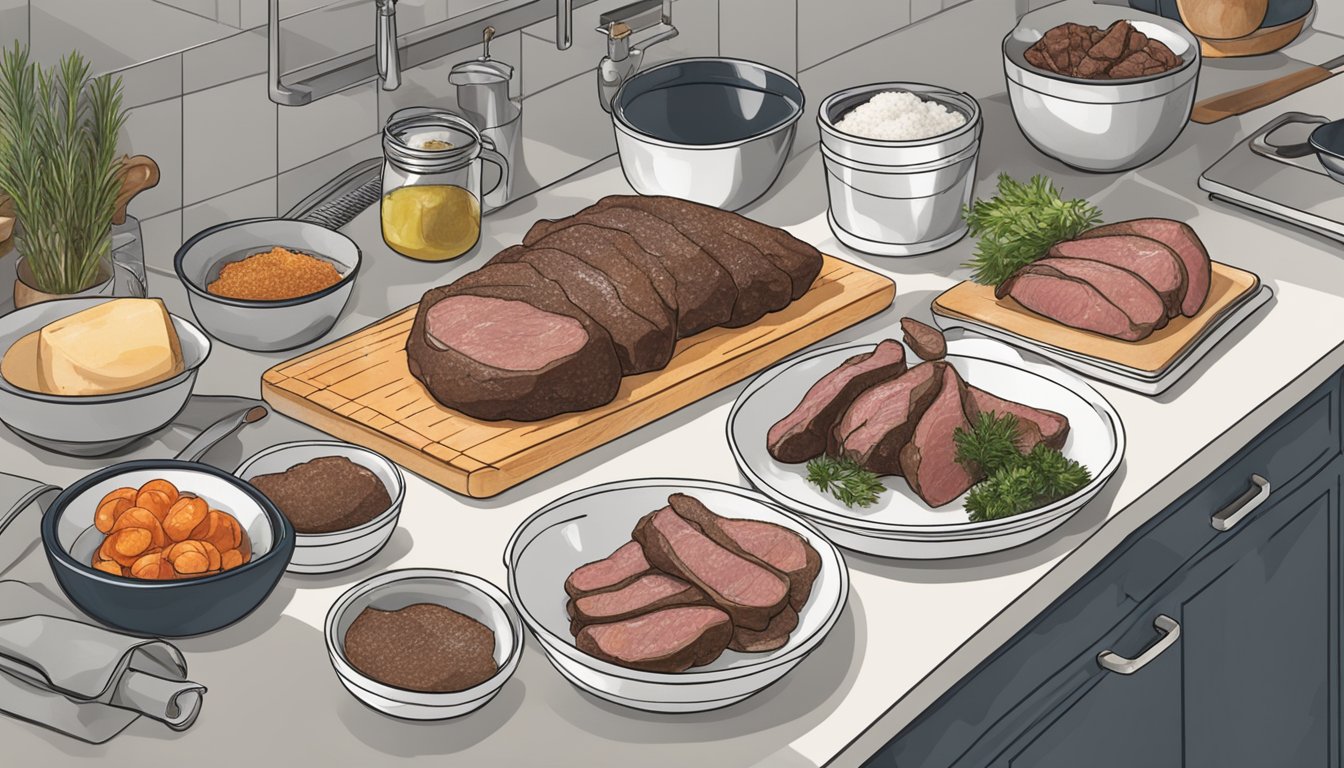 Beef tongue being cleaned, seasoned, and cooked in a kitchen. Ingredients and utensils laid out on a countertop