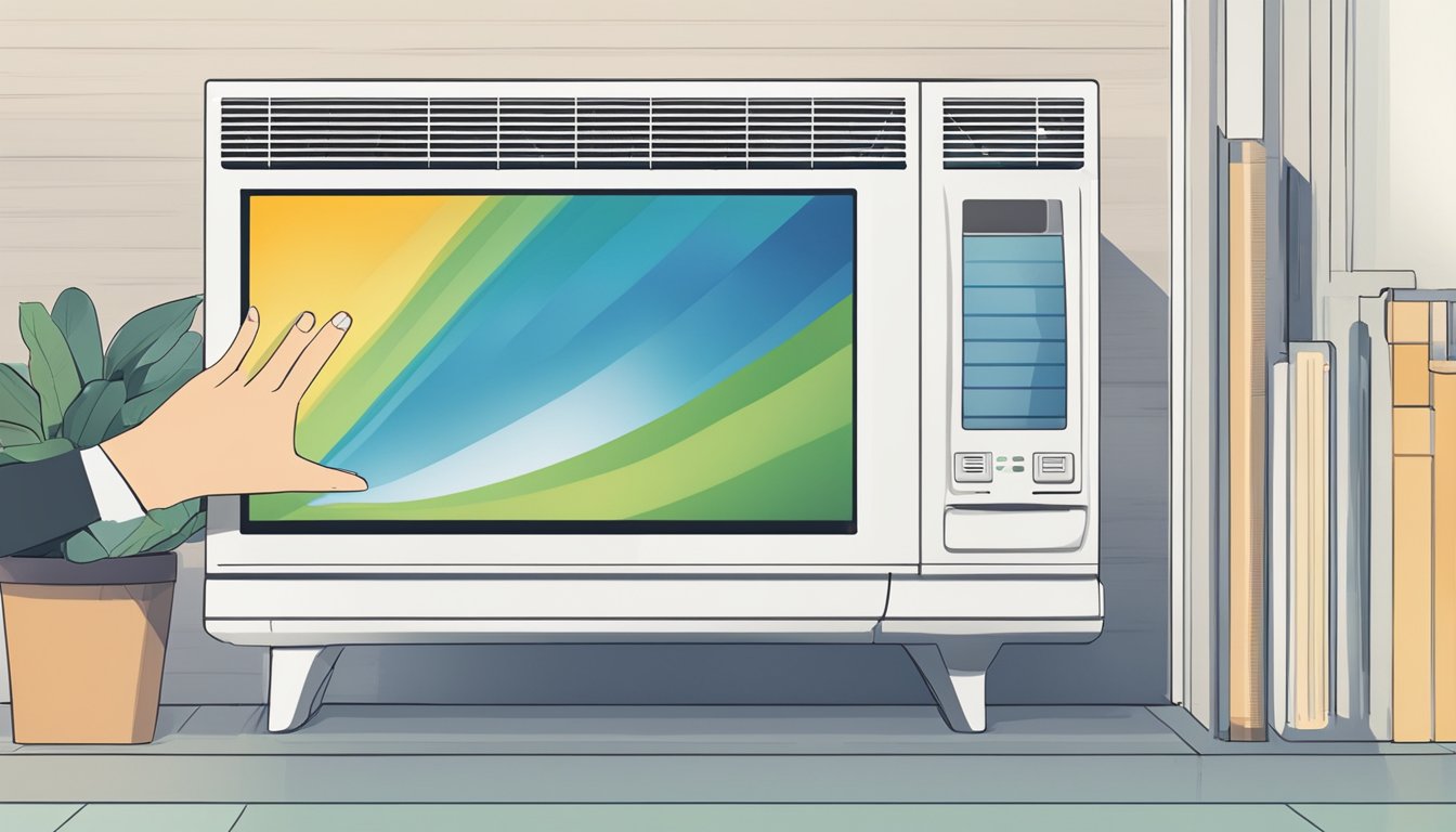 A hand reaches out to click "buy now" on a Mitsubishi air conditioner website, with a variety of models displayed in the background