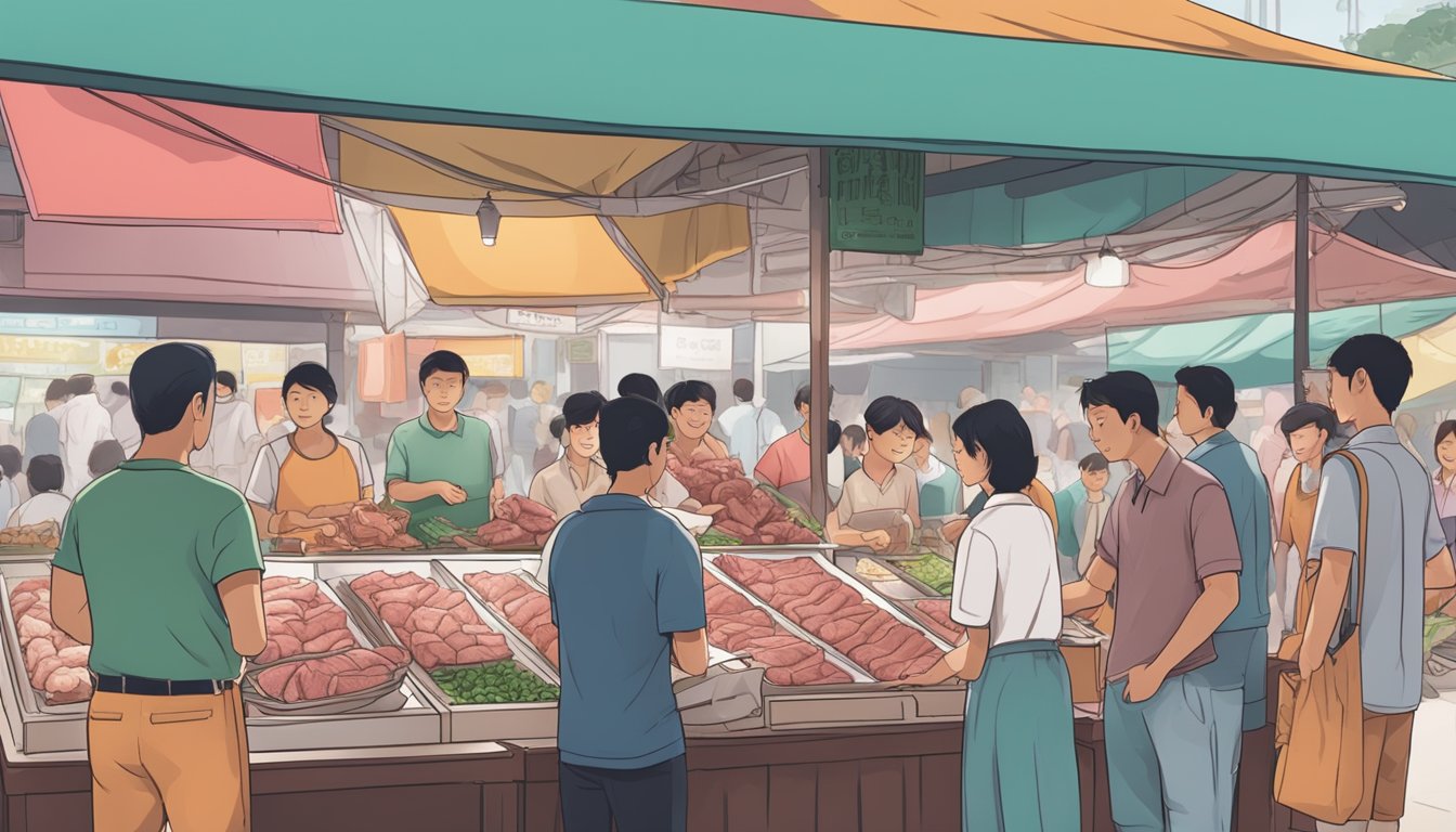 A bustling Singapore market stall with fresh beef tongue on display, surrounded by curious customers and a vendor ready to answer questions