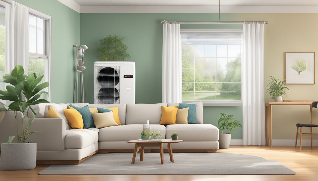 A hand clicks "Add to Cart" for a Mitsubishi air conditioner online. Package arrives, then it's installed and cools the room