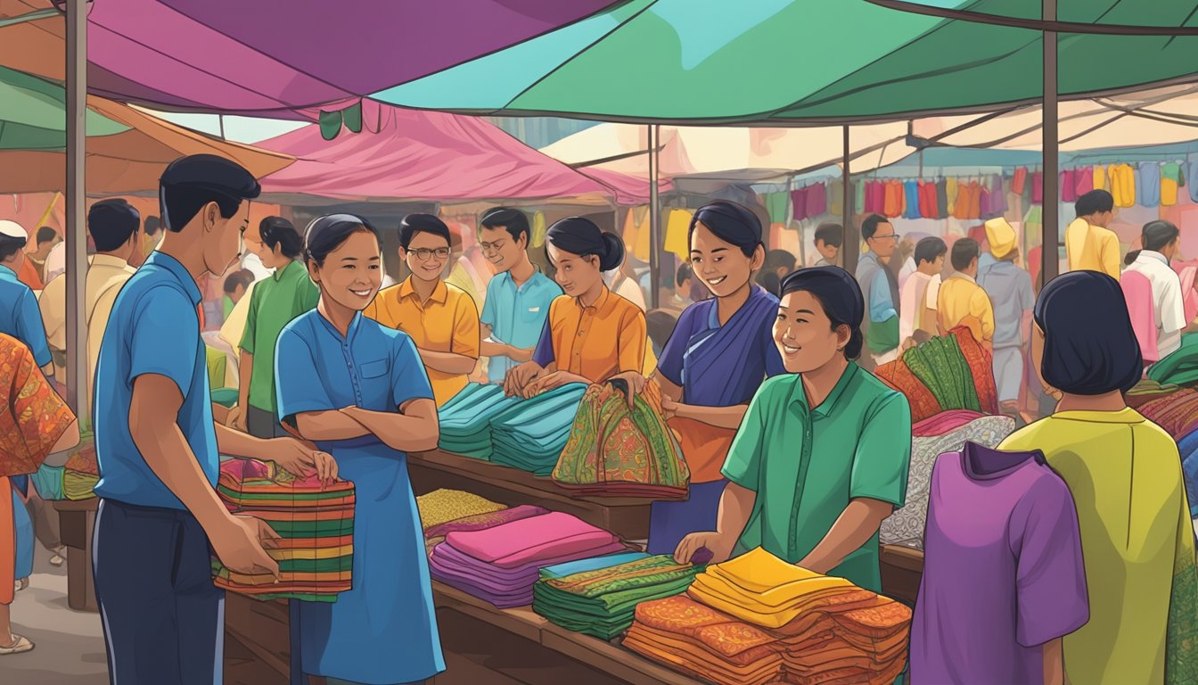 A bustling Singapore market stall displays colorful baju melayu. Customers chat with the vendor, examining the traditional Malay clothing
