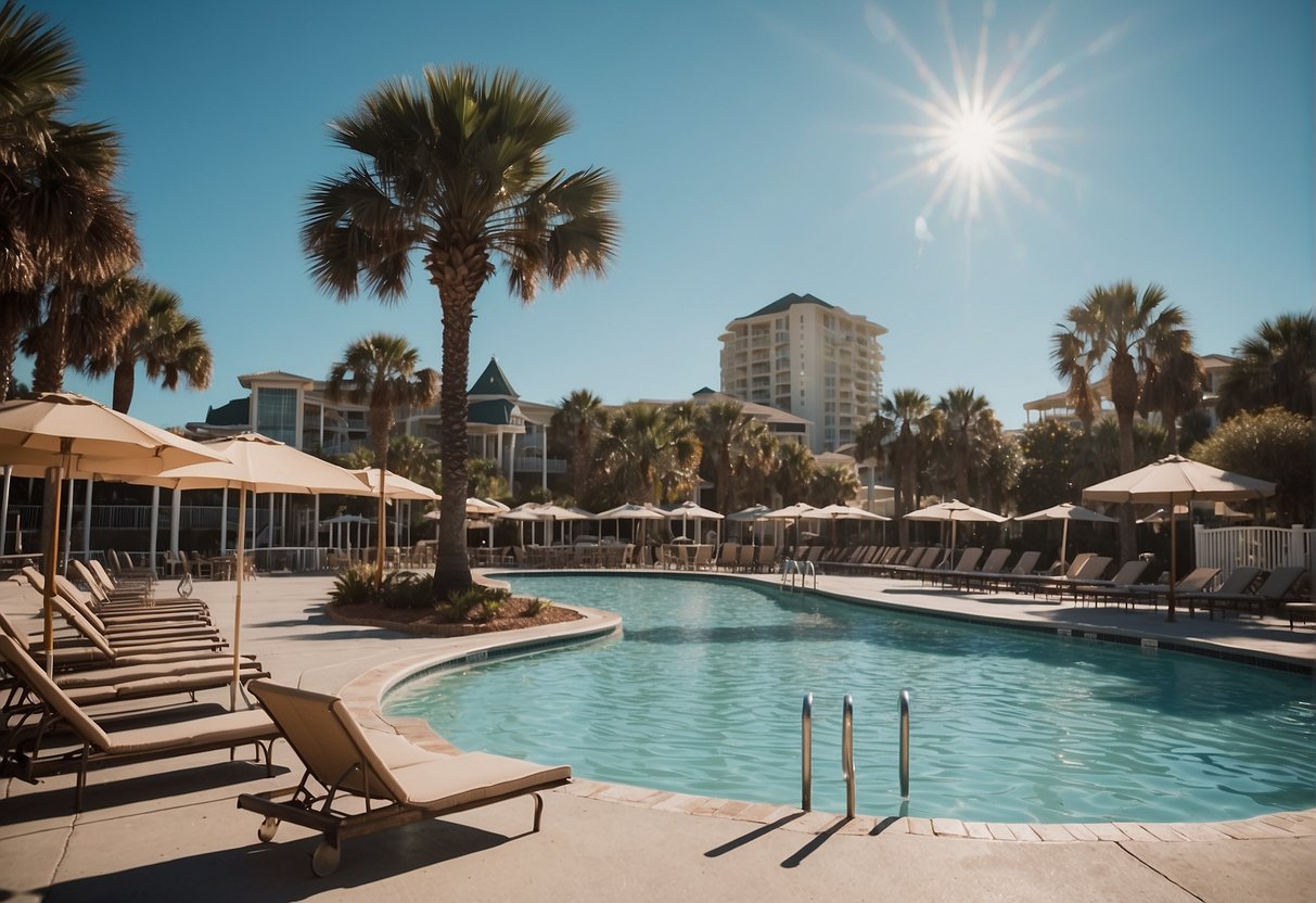 The outdoor pool at Myrtle Beach opens with a splash, surrounded by lounge chairs and umbrellas, as the warm sun shines down on the sparkling water