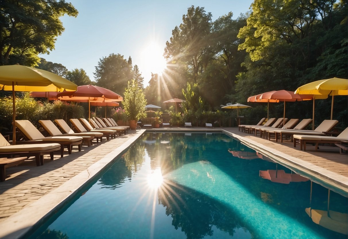 Bright sunlight illuminates a row of outdoor pools, surrounded by lush greenery and colorful umbrellas. The water glistens invitingly, reflecting the clear blue sky