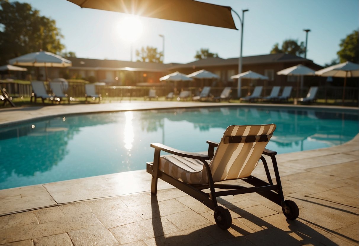 The sun shines down on the outdoor pool, casting sparkling reflections on the water. Pool chairs are set up, and a lifeguard is on duty