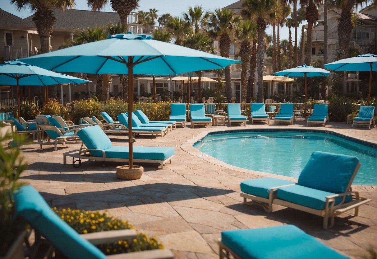 The outdoor pool area at Myrtle Beach features lounge chairs, umbrellas, a snack bar, and a large swimming pool with clear blue water