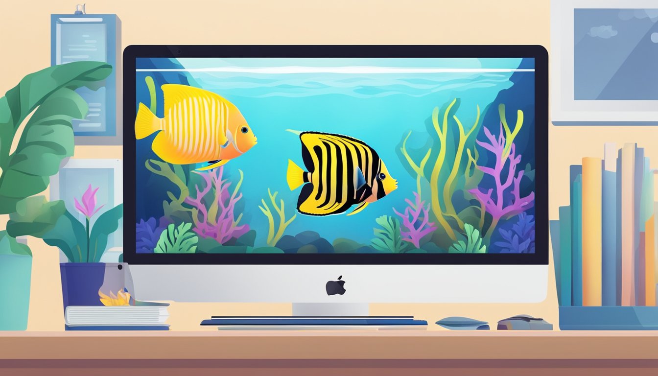 Colorful angelfish swimming in a clear, vibrant aquarium. A computer screen in the background displays a website with the words "buy angelfish online."