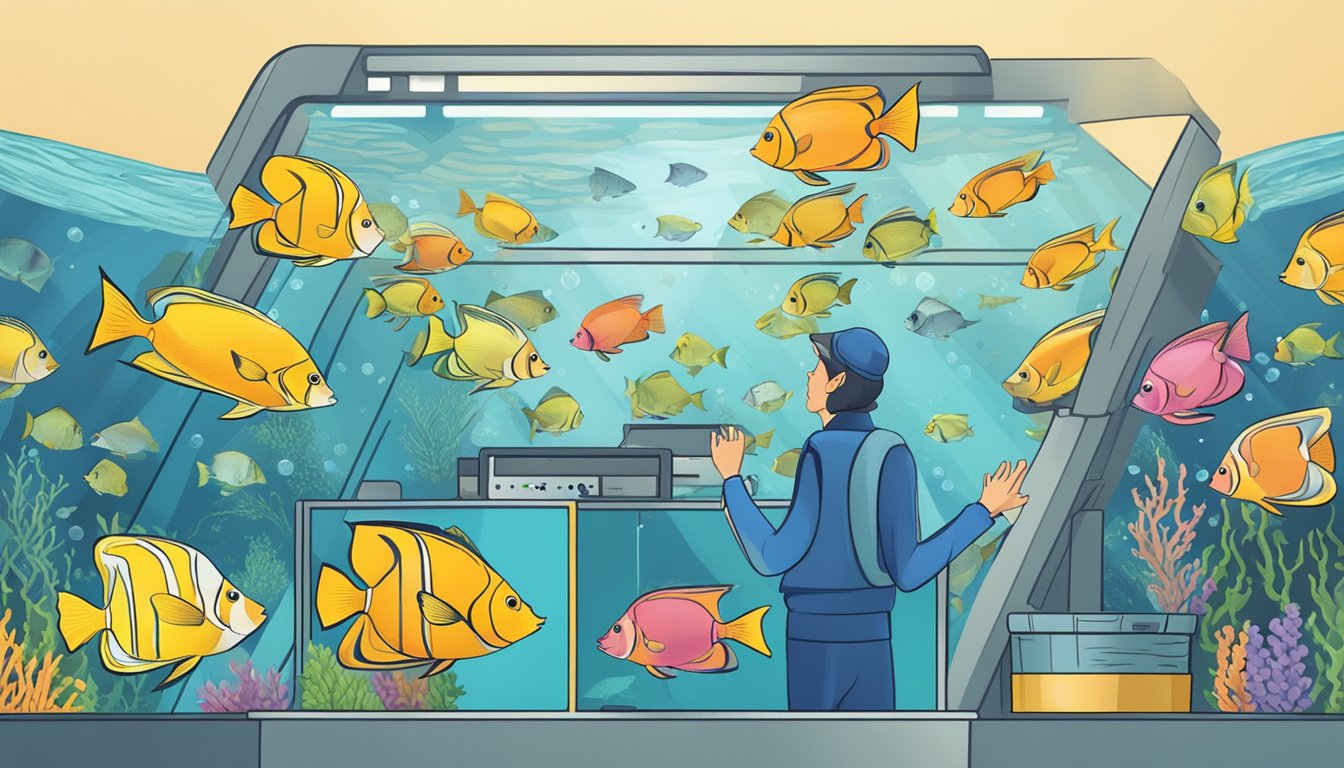 A hand selects an angelfish from a computer screen displaying a variety of fish for sale online