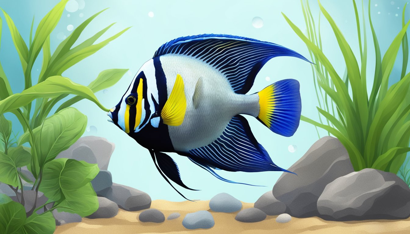 Angelfish swimming in a newly set up aquarium with plants and rocks, purchased online