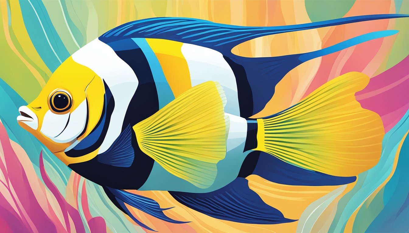 Angelfish swimming in a school, with vibrant colors and graceful movements. Text "Frequently Asked Questions buy angelfish online" in bold font above