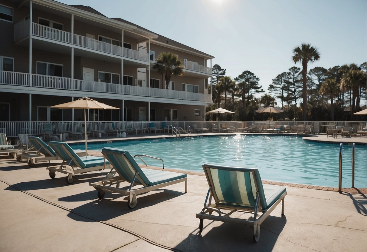 Outdoor pools open in Myrtle Beach. A sign displays cost and admission fees for pool access. The scene is bright and inviting, with lounge chairs and umbrellas set up around the pool area