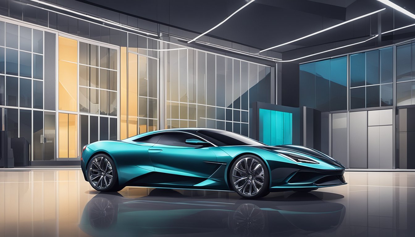 A sleek, modern car sits in a pristine showroom, its surface gleaming under the bright lights. A bottle of Modesta coating sits nearby, ready to be applied for ultimate protection and shine