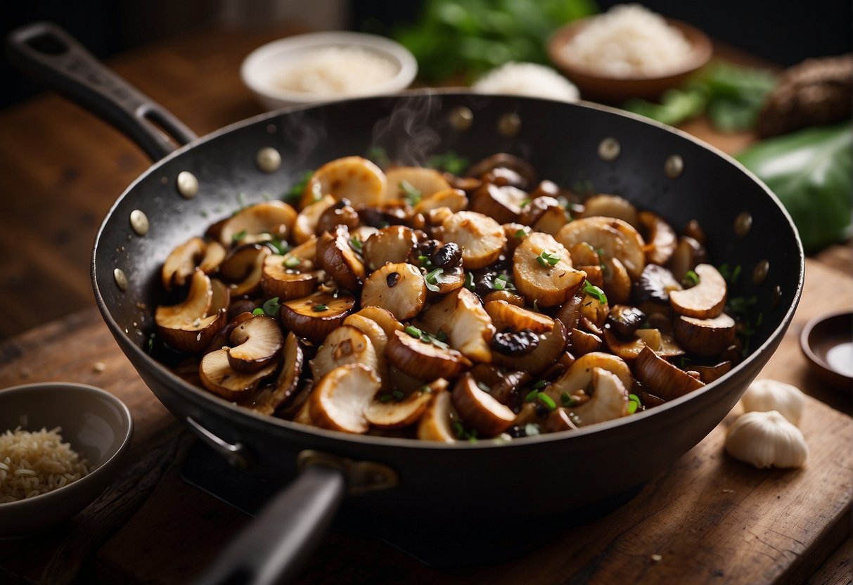 A wok sizzles with Chinese mushrooms, garlic, and ginger in a rich, savory gravy. Steam rises as the ingredients meld together in the fragrant kitchen