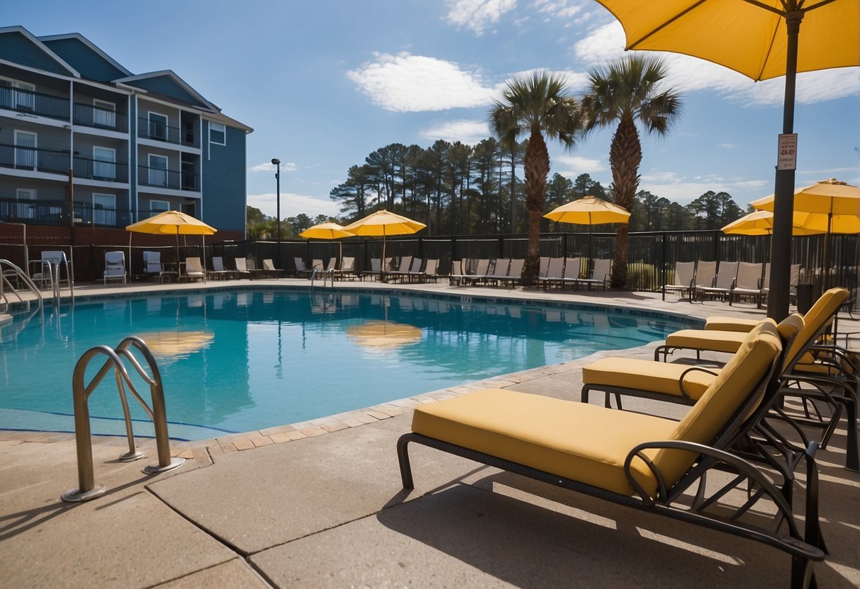 Outdoor pool in Myrtle Beach with spaced lounge chairs, hand sanitizer stations, and signage for social distancing and mask requirements. Staff monitor capacity limits and regularly disinfect high-touch surfaces