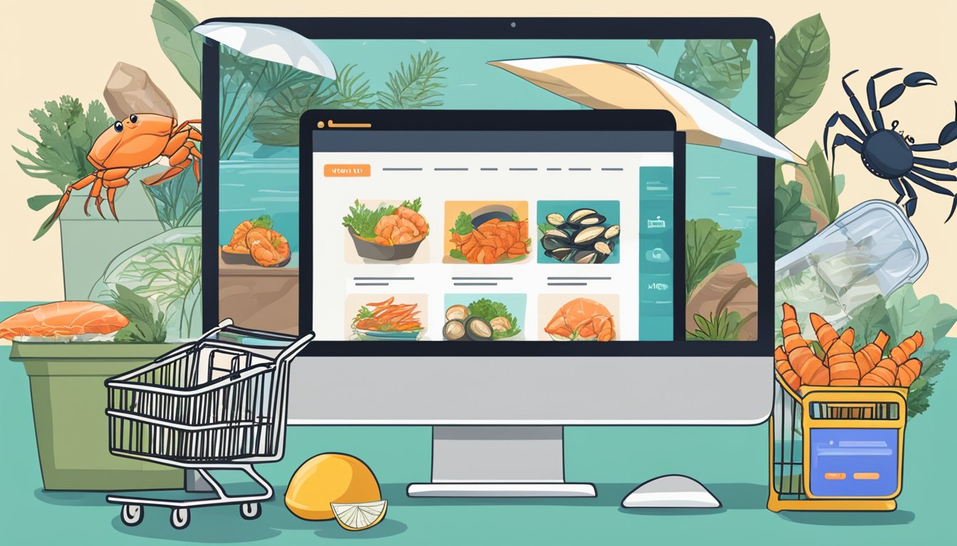 A computer screen displaying a website with a "buy mud crab online" button, surrounded by images of fresh seafood and a shopping cart icon