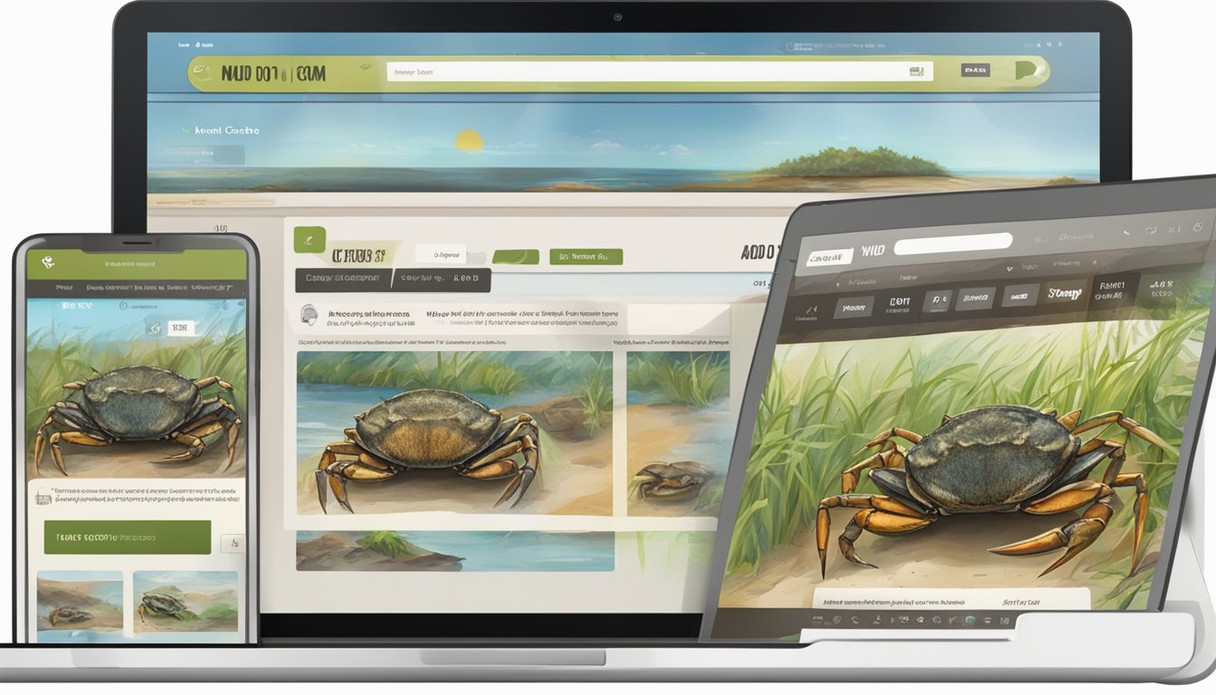 A computer screen showing a website with options to buy mud crabs online, with images of live crabs and a "add to cart" button