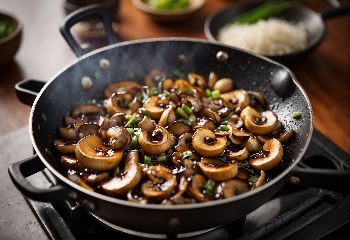 A wok sizzles with sliced Chinese mushrooms, garlic, and ginger in a savory gravy. Soy sauce and sesame oil add depth to the aroma