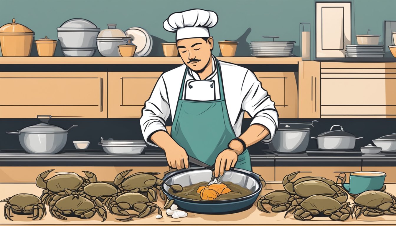 A chef cleans and prepares a fresh mud crab bought online for cooking