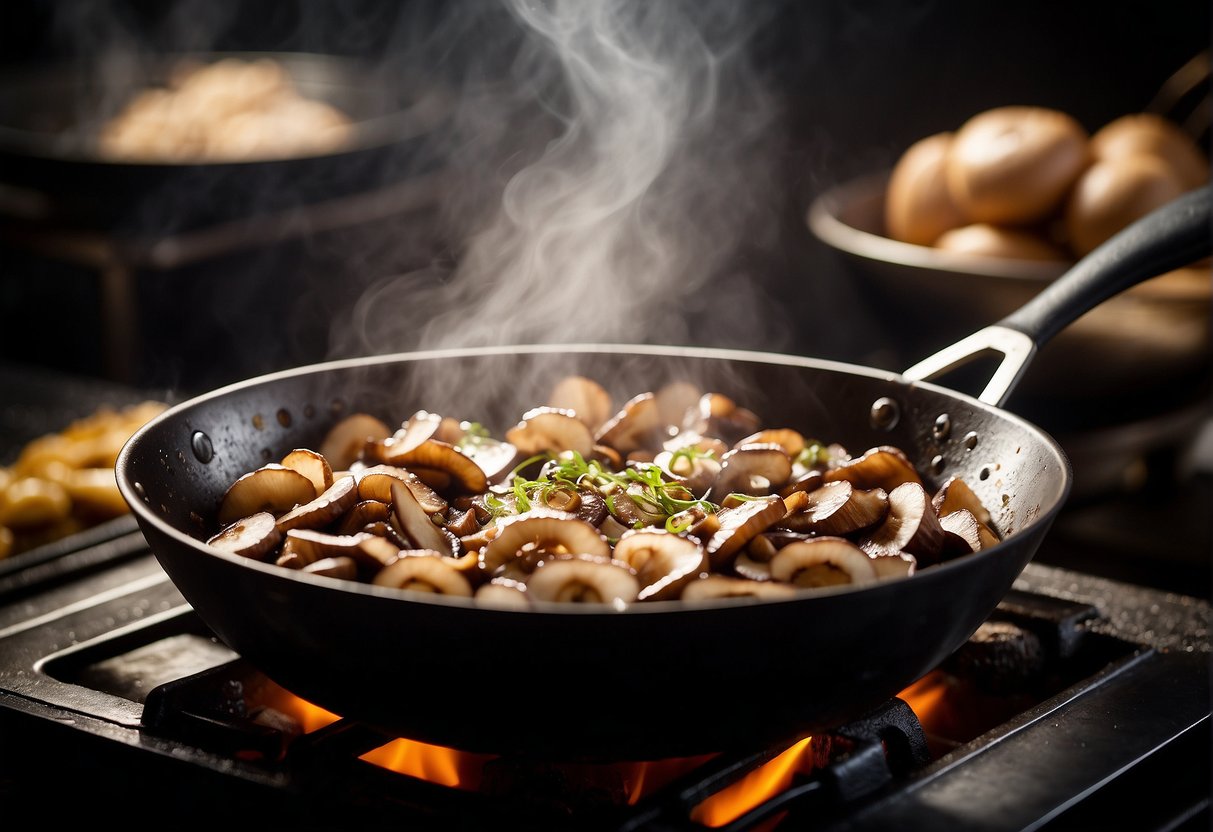 Sautéing sliced shiitake mushrooms in a wok with garlic, ginger, and soy sauce. Adding a cornstarch slurry to thicken the savory gravy