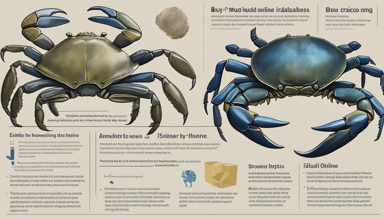 Mud crabs displayed on a website, with FAQ section highlighted. Text reads "Buy mud crab online" with various questions and answers listed