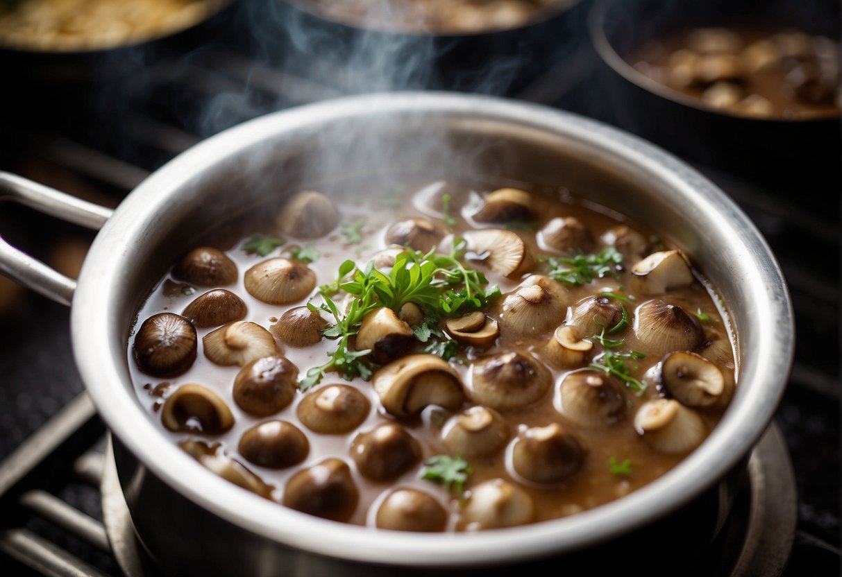 A steaming pot of Chinese mushroom gravy simmers on the stove, filled with fragrant aromas of soy sauce, garlic, and earthy mushrooms. The thick, savory sauce glistens as it bubbles, ready to be poured over a bed