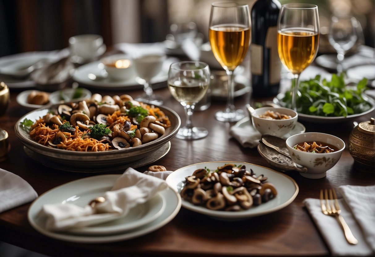 A table set with a variety of Chinese mushroom dishes and wine glasses, surrounded by elegant cutlery and decorative napkins