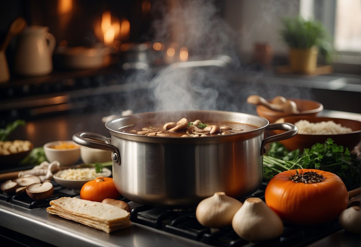 A steaming pot of Chinese mushroom gravy simmers on a stove, surrounded by various ingredients and cooking utensils. A recipe book is open to the "Frequently Asked Questions" section