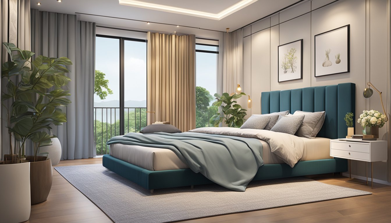 A cozy bedroom with a neatly made bed, adorned with luxurious bedding in a modern Singaporean home
