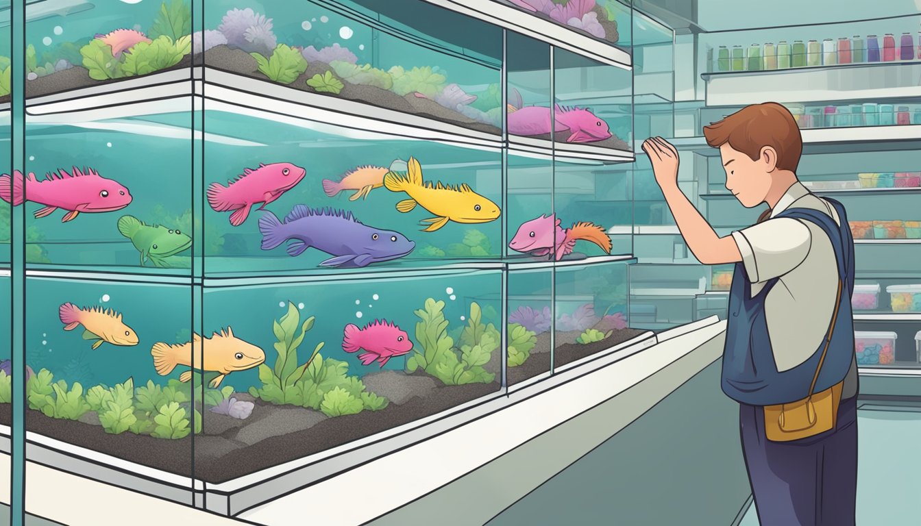 A person carefully selecting an axolotl from a tank of various colors and sizes at a pet store in Singapore