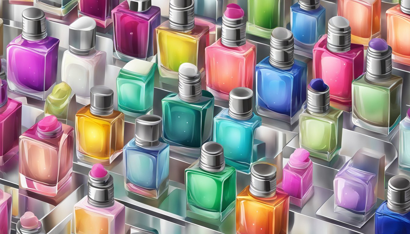 A computer screen showing a colorful array of nail polish bottles with a "buy now" button