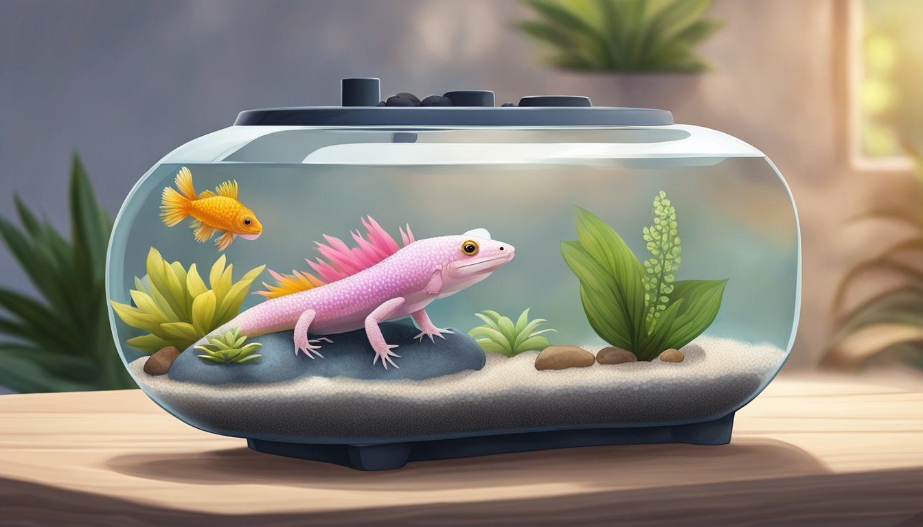 The tank sits on a sturdy table, filled with crystal-clear water and decorated with colorful plants and smooth rocks. A gentle filter hums softly in the background, providing a peaceful atmosphere for the axolotl to explore its new home