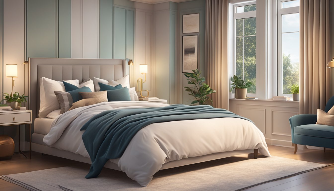 A cozy bedroom with a neatly made bed featuring luxurious, soft bedding in calming colors, surrounded by ambient lighting and decorative pillows