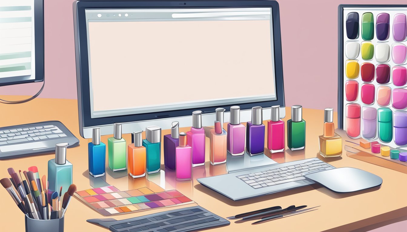 A computer screen displaying a variety of nail polish colors and options. A cursor hovers over a "buy now" button