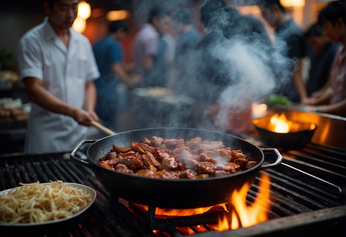 A sizzling wok cooks Chinese BBQ pork. Ingredients surround the work area. Steam rises from the pork as it caramelizes in the heat