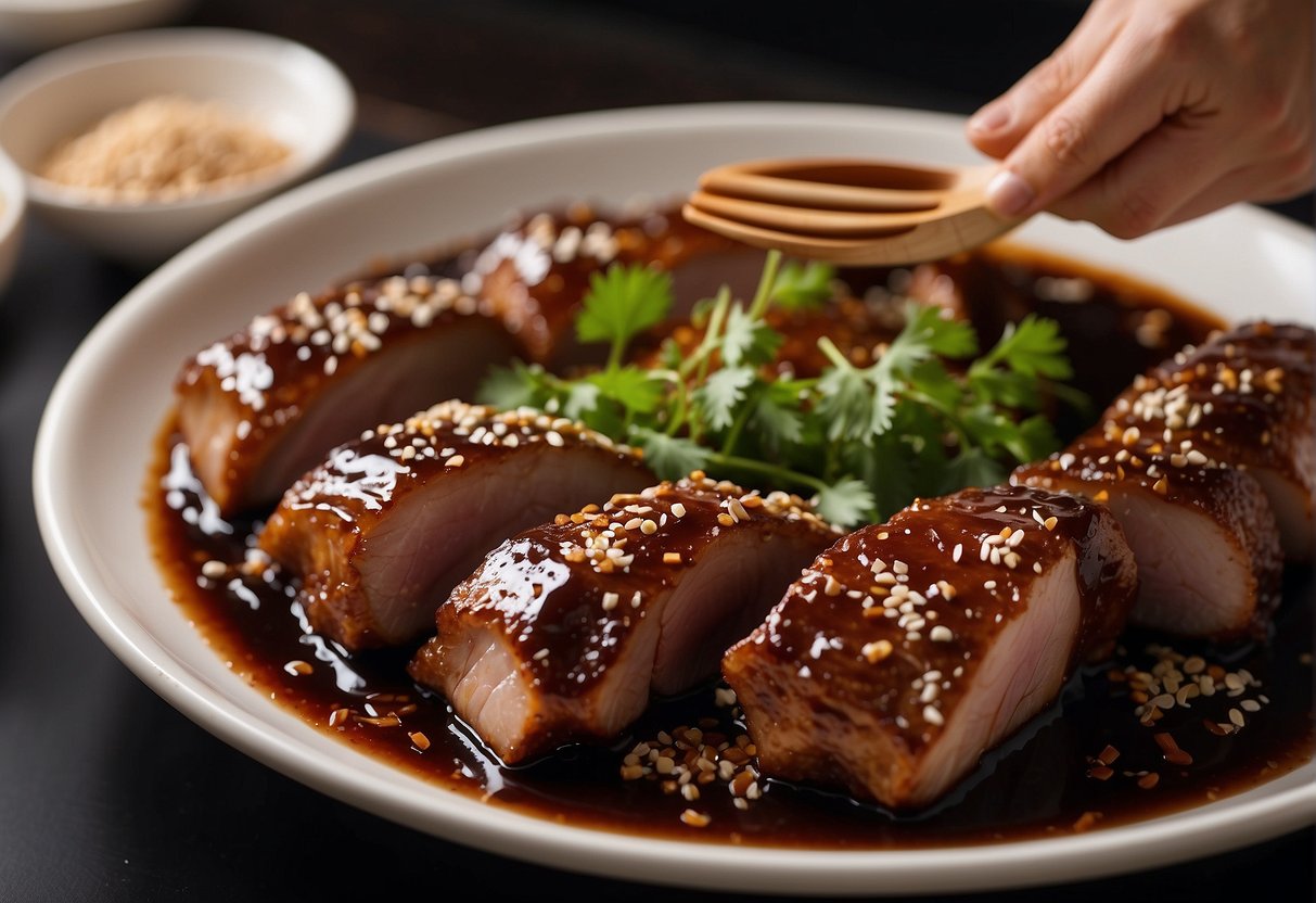 Chinese BBQ pork being marinated in a mixture of hoisin sauce, soy sauce, honey, and Chinese five-spice powder