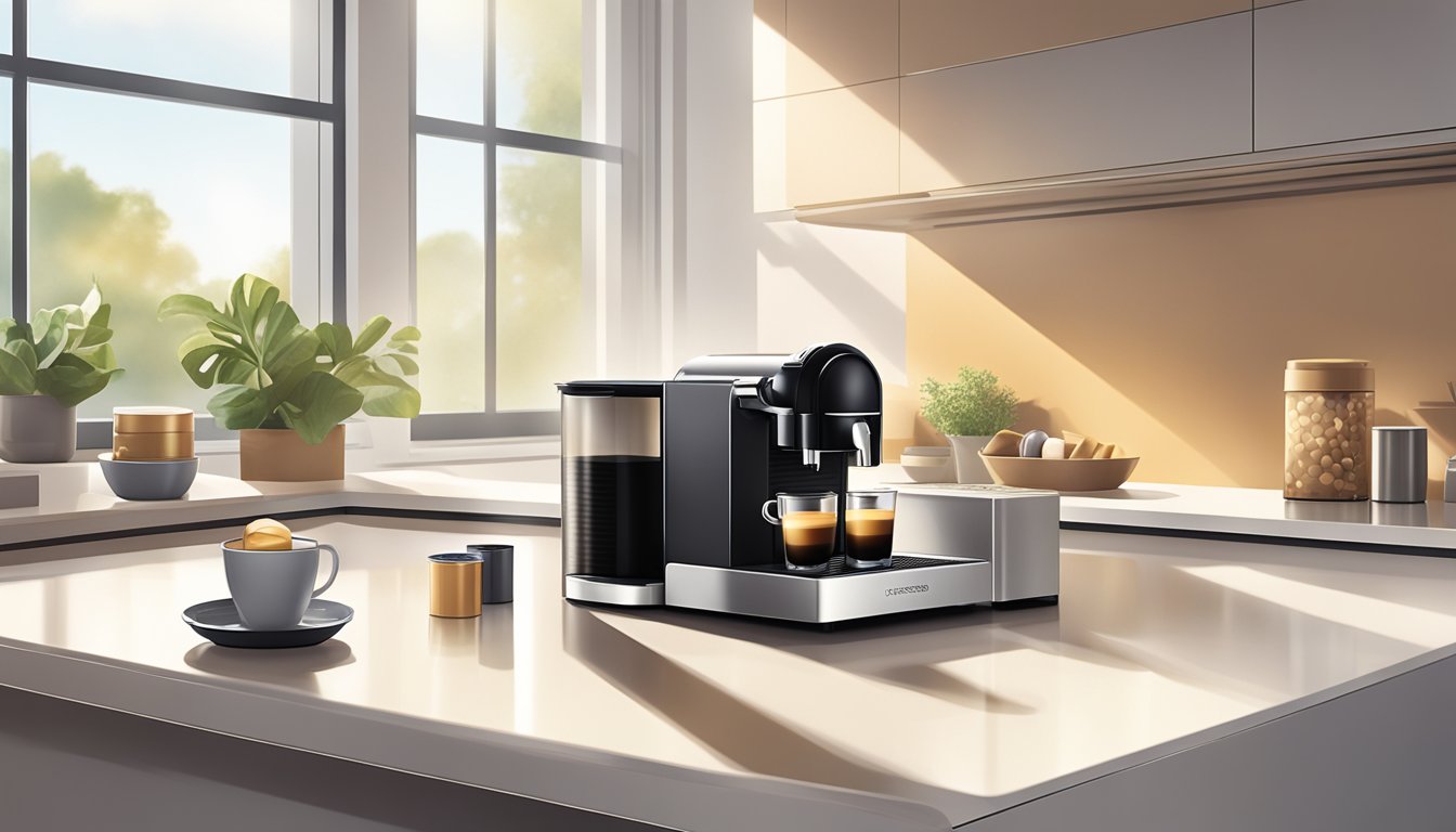A hand reaches for a sleek box of Nespresso capsules in a modern Singaporean kitchen. The sunlight streams in through the window, casting a warm glow on the countertop
