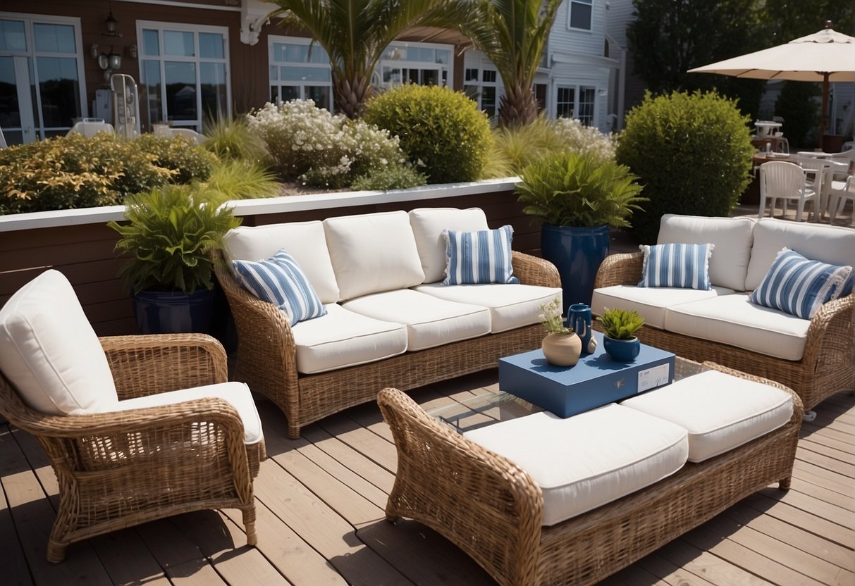 A sunny, coastal-themed outdoor furniture store with nautical decor and a variety of specialty nautica outdoor furniture on display