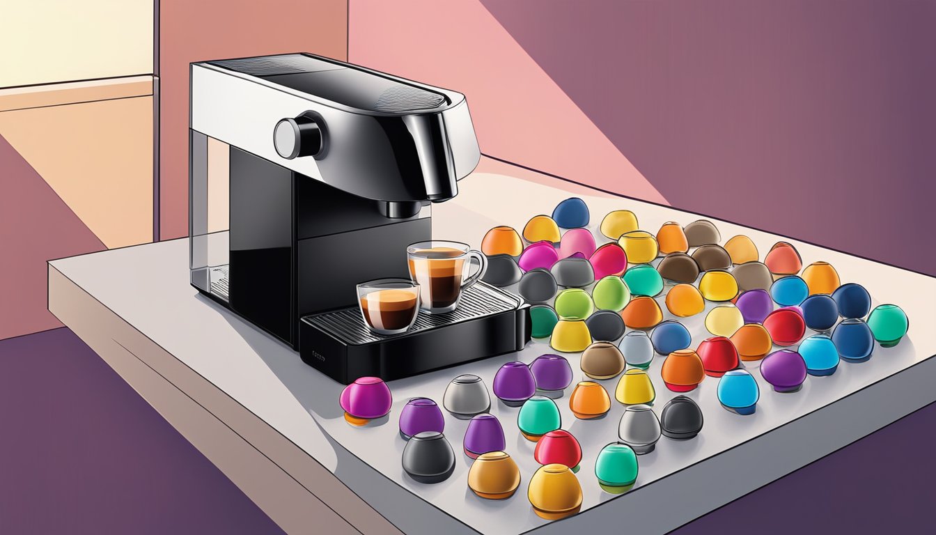 A hand reaches for a sleek Nespresso machine, surrounded by a variety of colorful Nespresso capsules neatly arranged on a countertop. The soft glow of the machine's lights creates an inviting ambiance