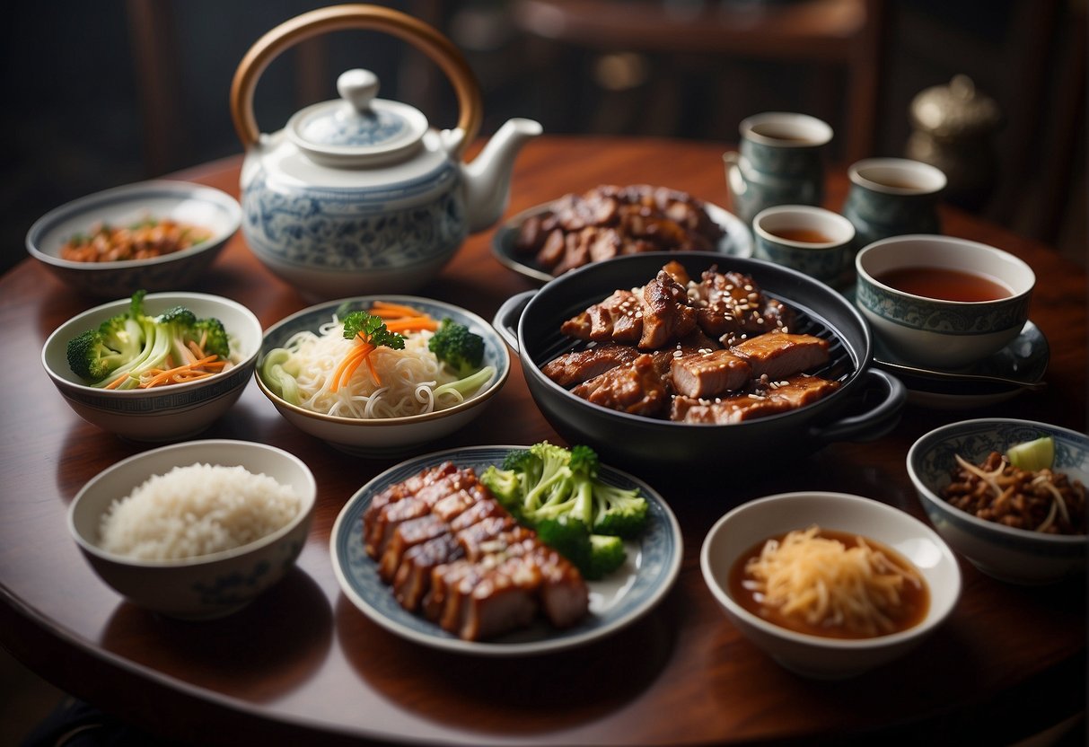 A table set with various dishes featuring Chinese BBQ pork, surrounded by chopsticks and a steaming teapot