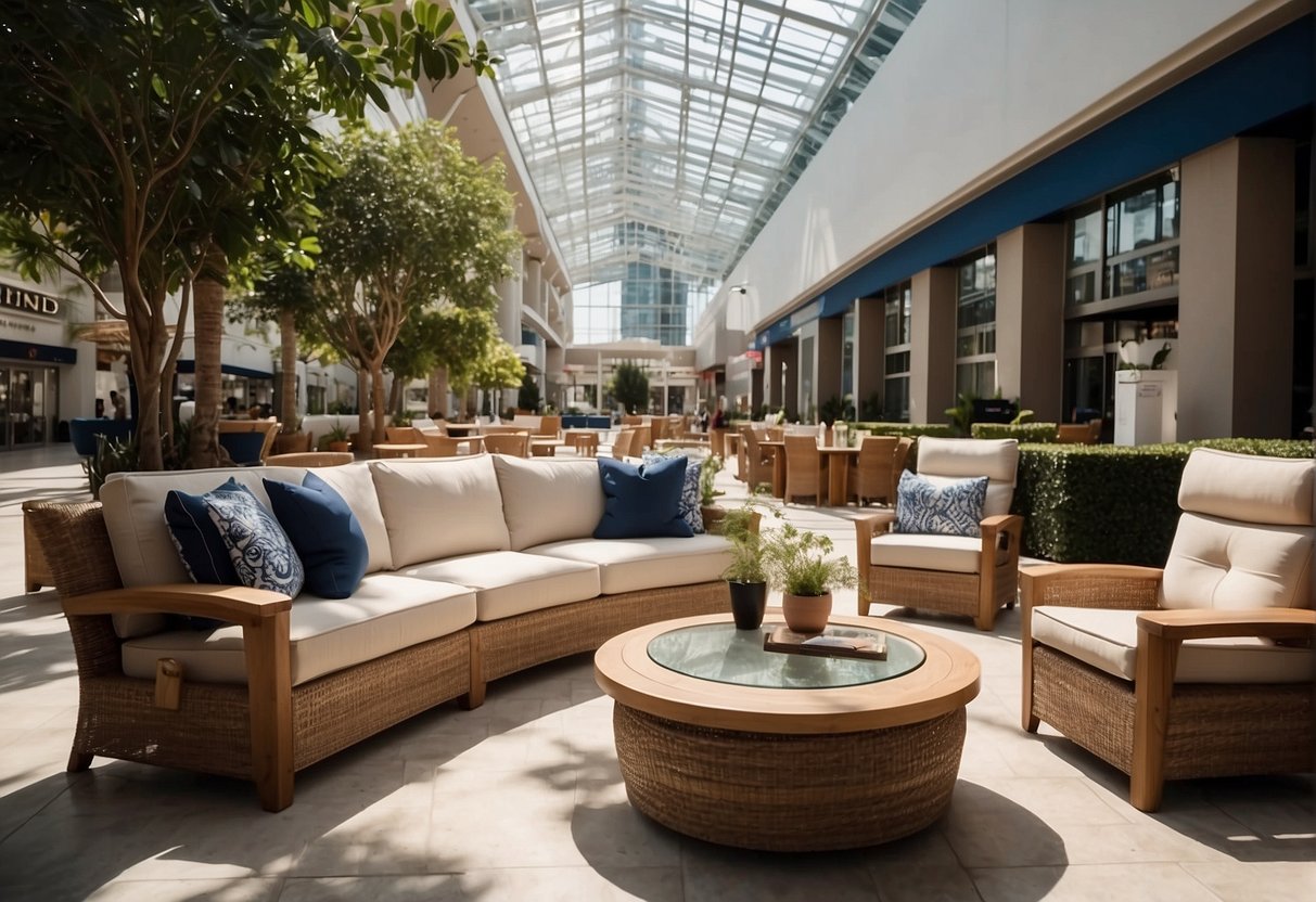 A department store showcases Nautica outdoor furniture, with various pieces displayed in a well-lit and spacious setting