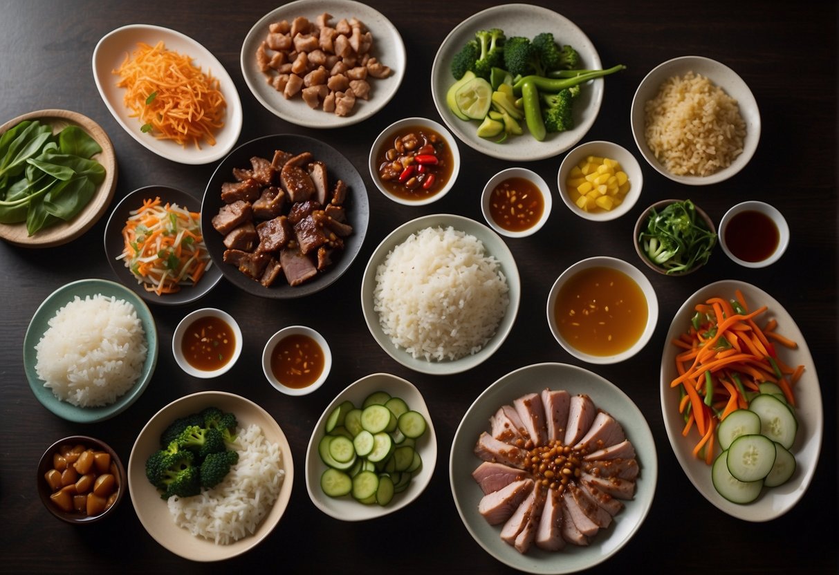 A table spread with various side dishes and accompaniments for Chinese BBQ pork. Plates of steamed rice, stir-fried vegetables, and pickled radishes. Soy sauce and chili oil on the side