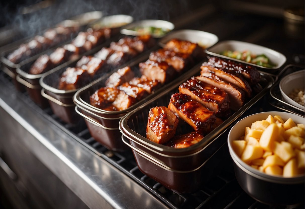 Chinese BBQ pork being stored in airtight containers. Reheating in a microwave or skillet. Recipe book open to "Storing and Reheating Tips" page