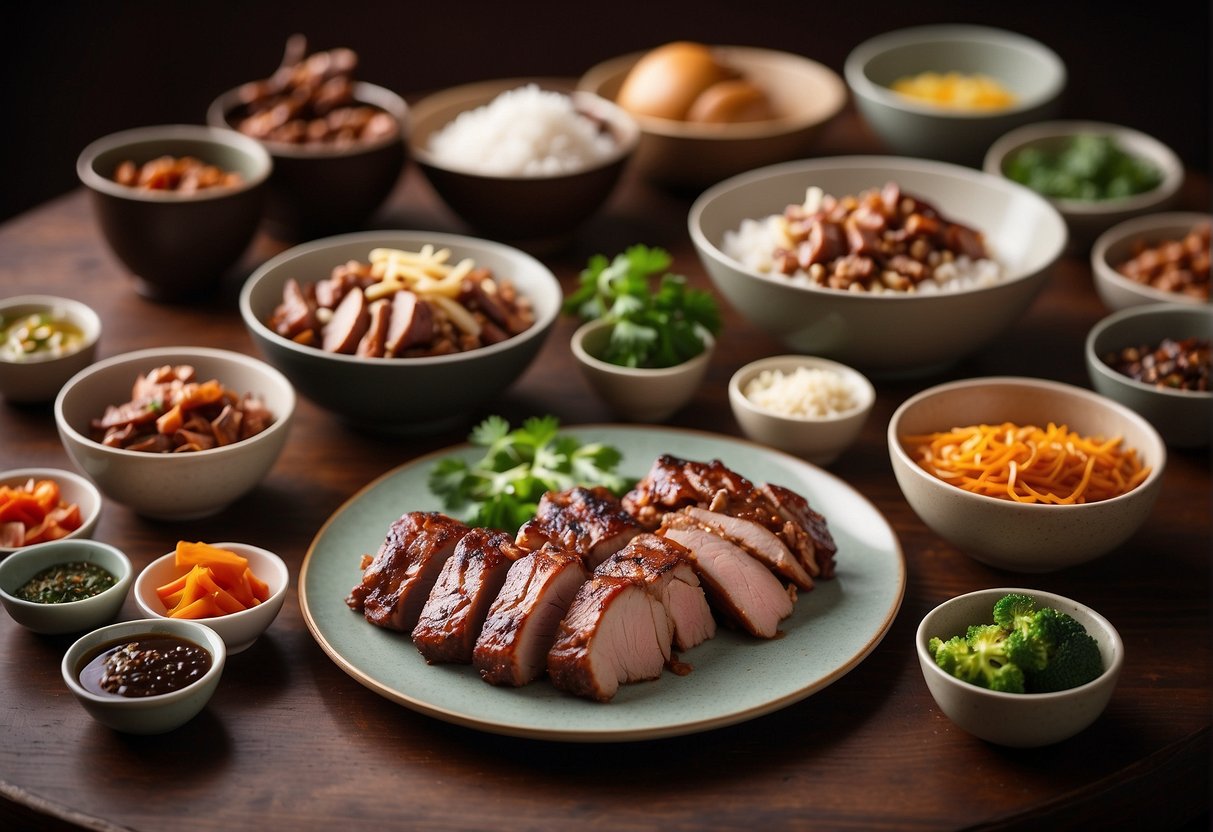 A table filled with ingredients for Chinese BBQ pork recipes, with a stack of recipe cards and a bowl of marinated meat