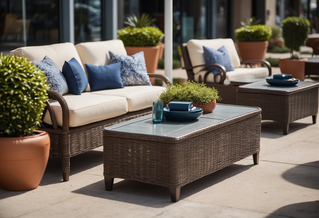 Nautica outdoor furniture displayed with discounts and deals at a retail store