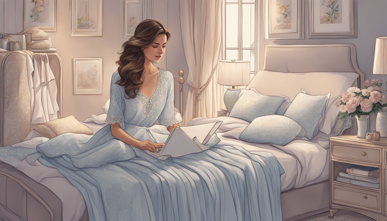 A woman browses through an array of nighties online, surrounded by soft, luxurious fabrics and delicate lace details. She carefully compares different styles and colors, seeking the perfect nighty for a restful night's sleep