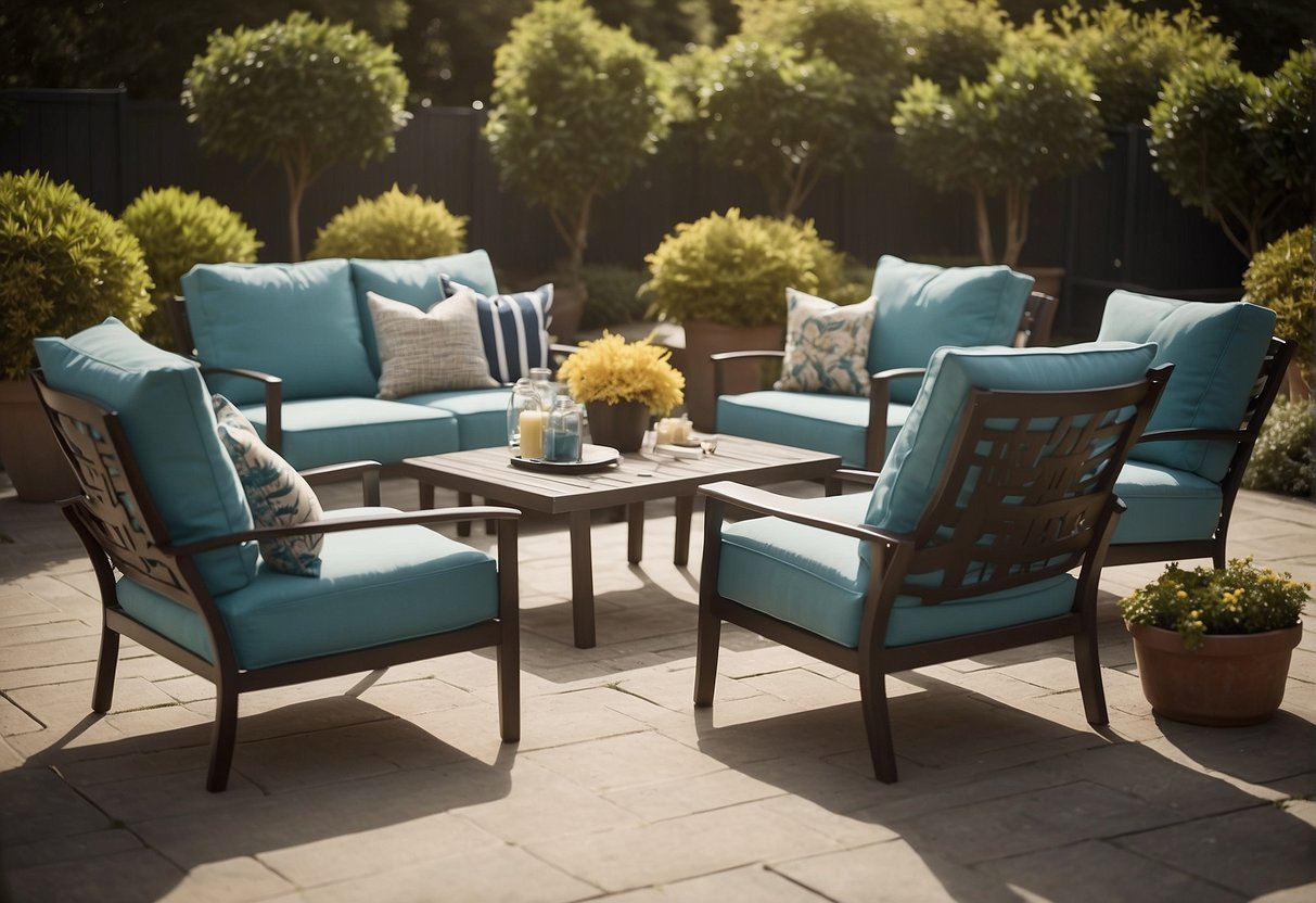 A sunny outdoor patio with a variety of Nautica outdoor furniture displayed, including chairs, tables, and umbrellas. The setting is inviting and showcases the durability and style of the products